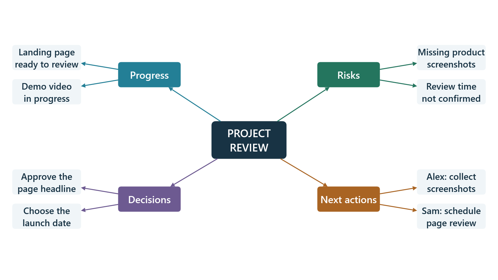 Project review mind map grouping progress, decisions, risks and next actions.
